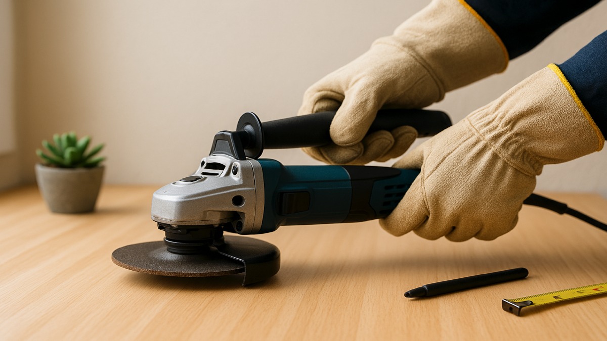 Gloved hands demonstrating a safe two-hand grip on an angle grinder.