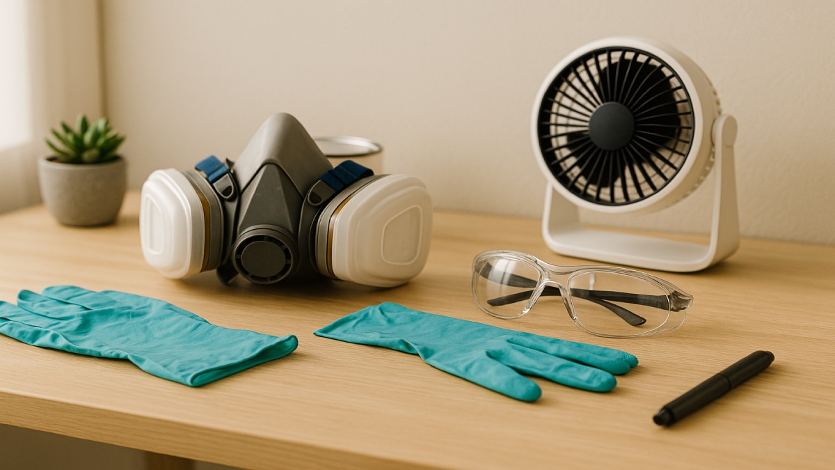 Illustration showing paint safety gear including mask, gloves, and ventilation