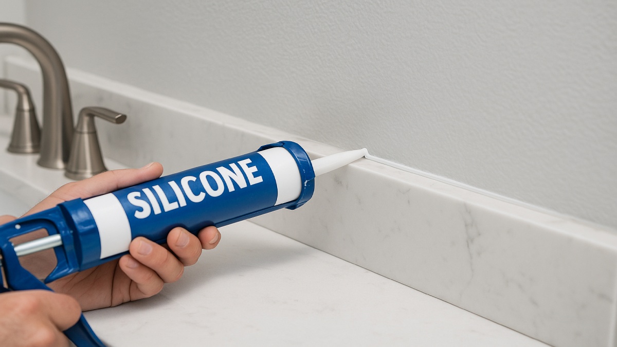 Applying silicone along the vanity backsplash seam