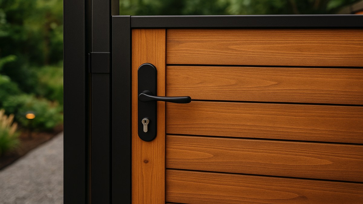 Close-up of a modern backyard gate with steel posts, through-bolted hinges, and a keyed latch set into a horizontal wood fence