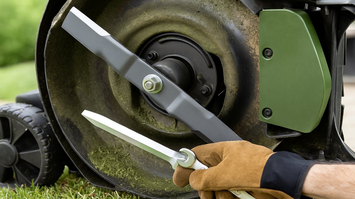 Sharpened mower blade and mulching plug under deck for clean cutting and recycling clippings.