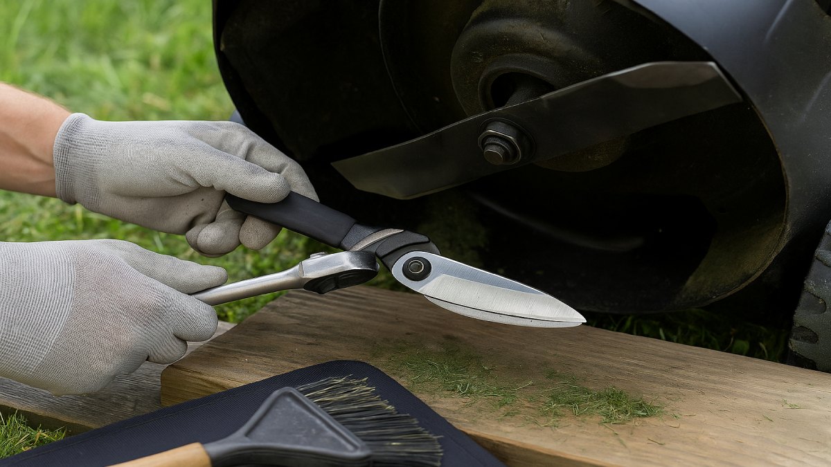 Close-up of a gardener reinstalling a sharpened mower blade, showing clean edge and balanced fit.
