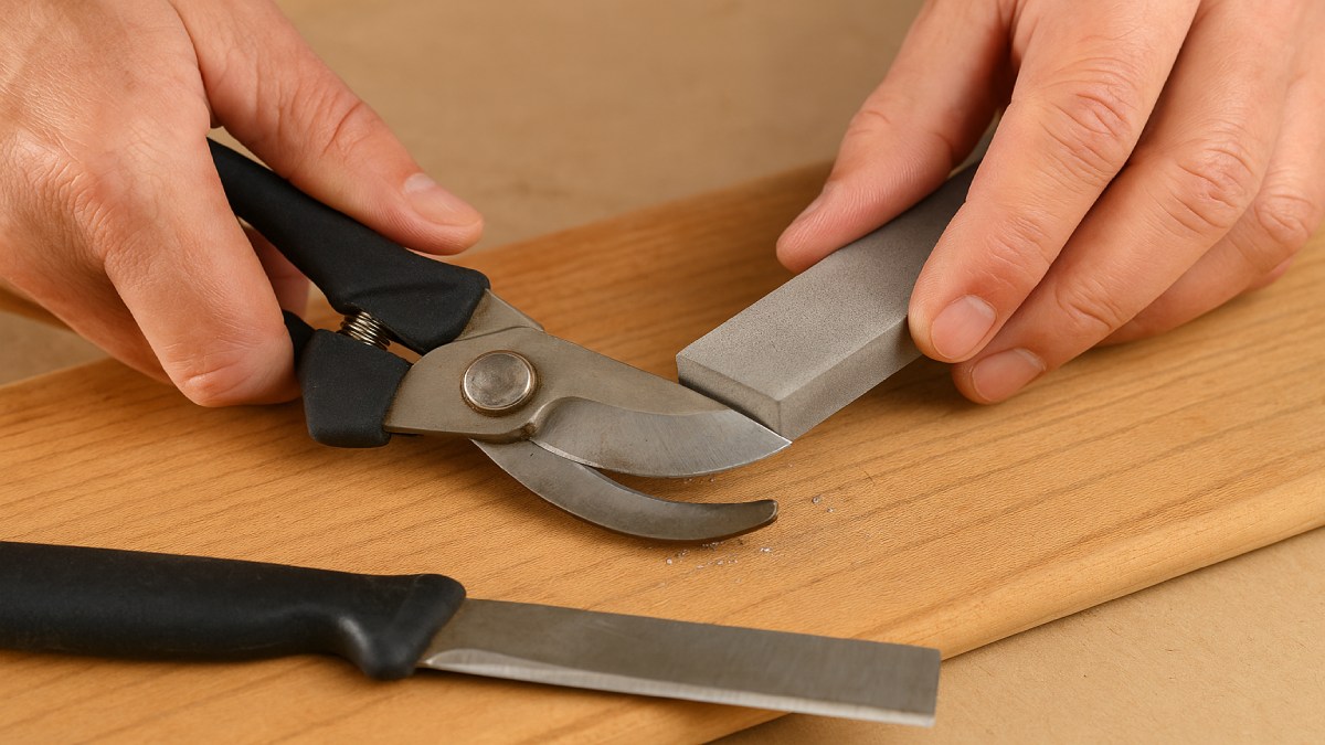 Hands sharpening a pruner blade with a diamond stone on a workbench.