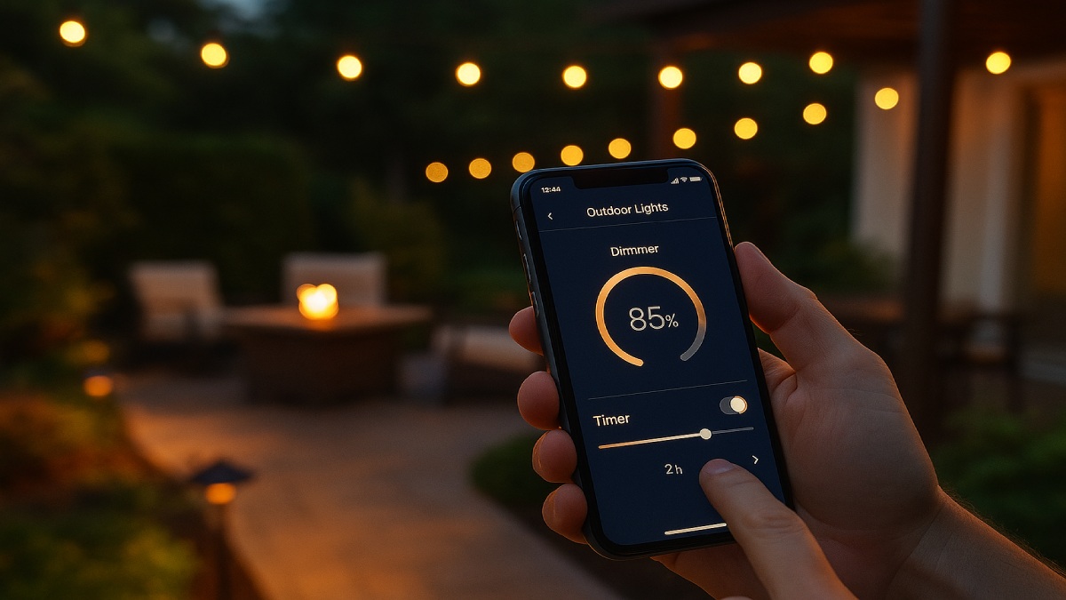 A person adjusting an outdoor smart dimmer on a phone while warm patio lights fade to a cozy level.