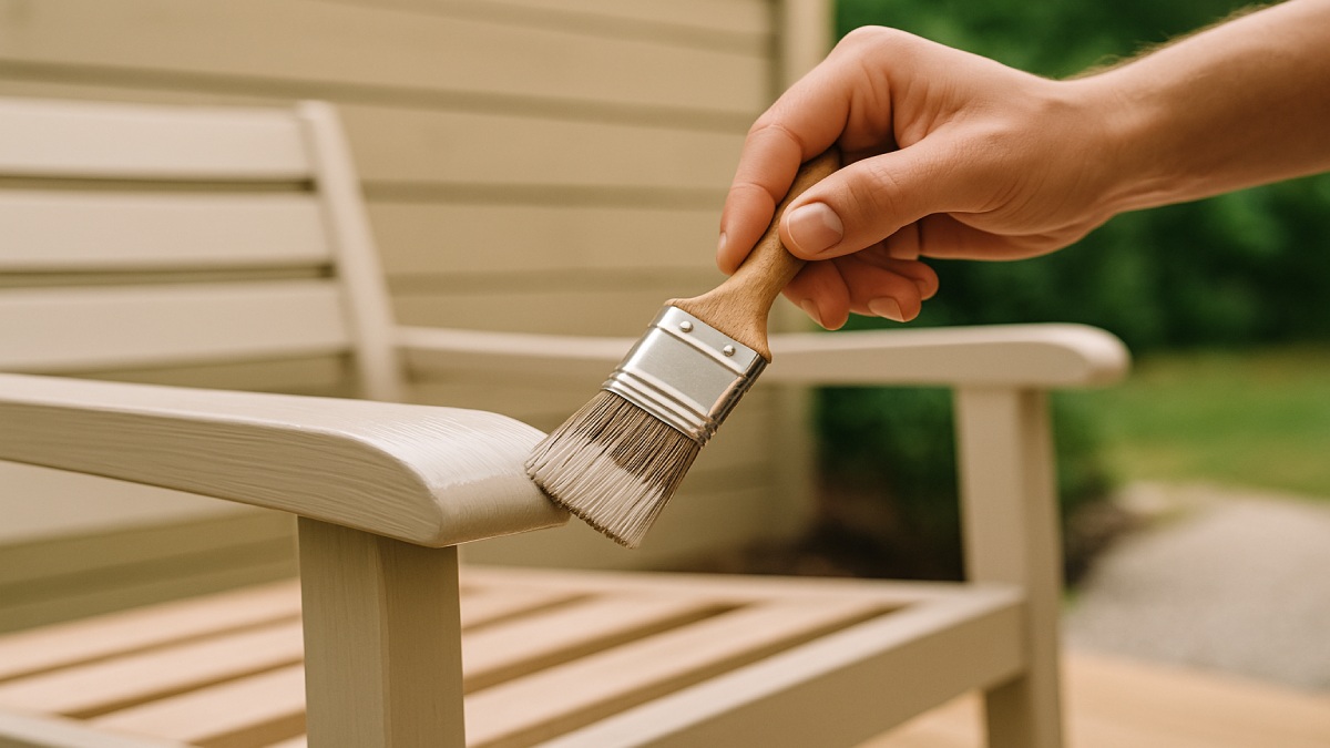 Close view of outdoor chair arm and fence panel coated with smooth, durable exterior paint