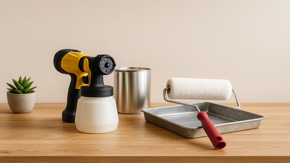 Illustration representing comparison between paint sprayer and roller