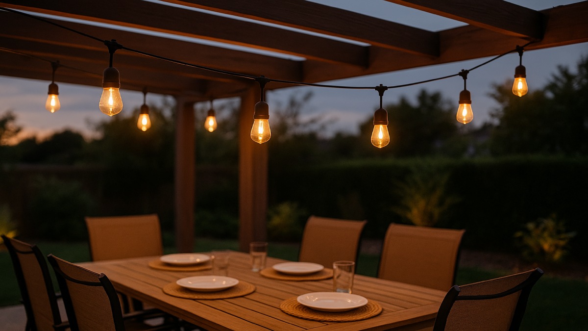 Warm café string lights hung across a pergola, softly illuminating a patio dining set.