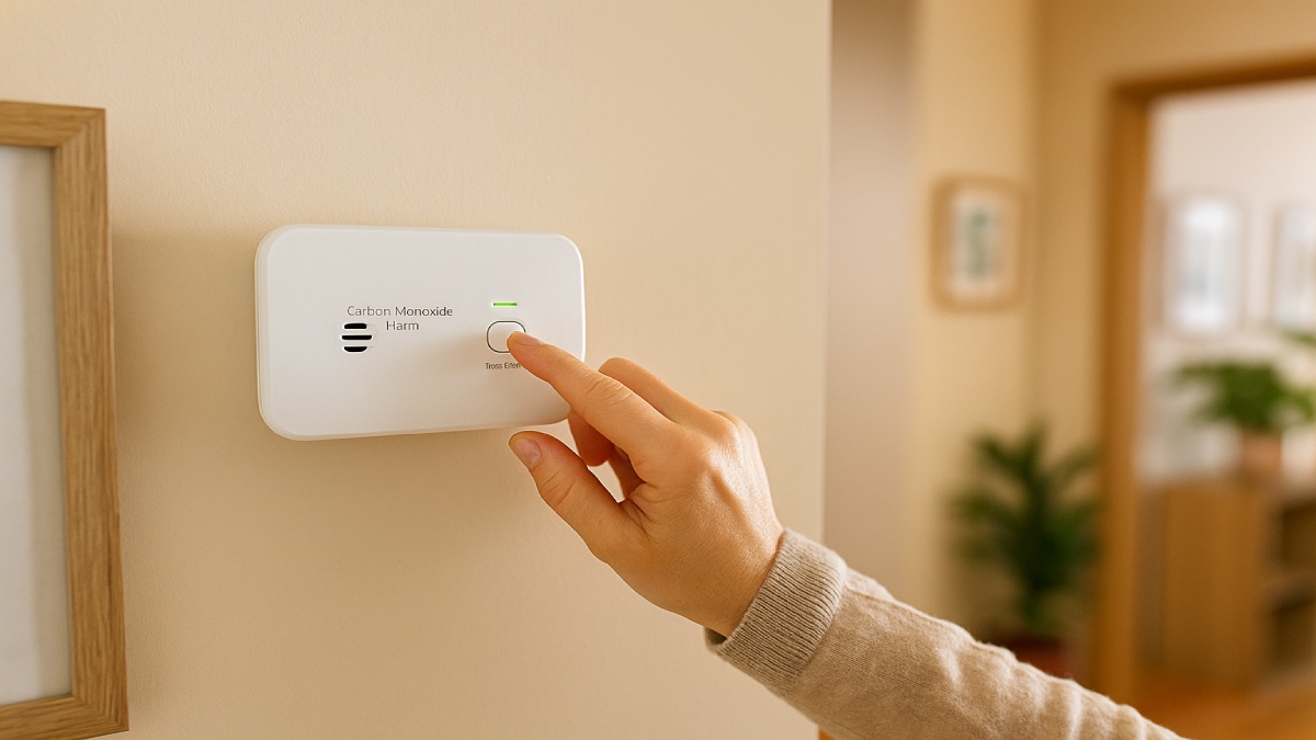 Close view of a CO alarm test in progress with the test button pressed and indicator light on.