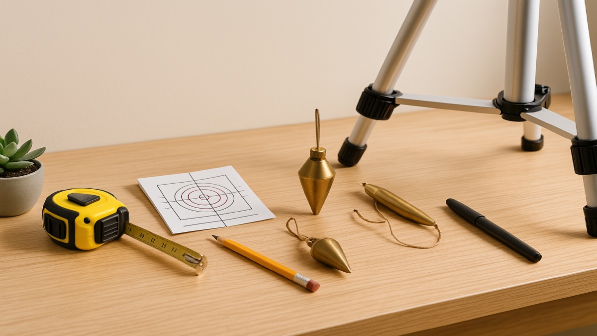 Calibration tools arranged on a worktable beside a tripod