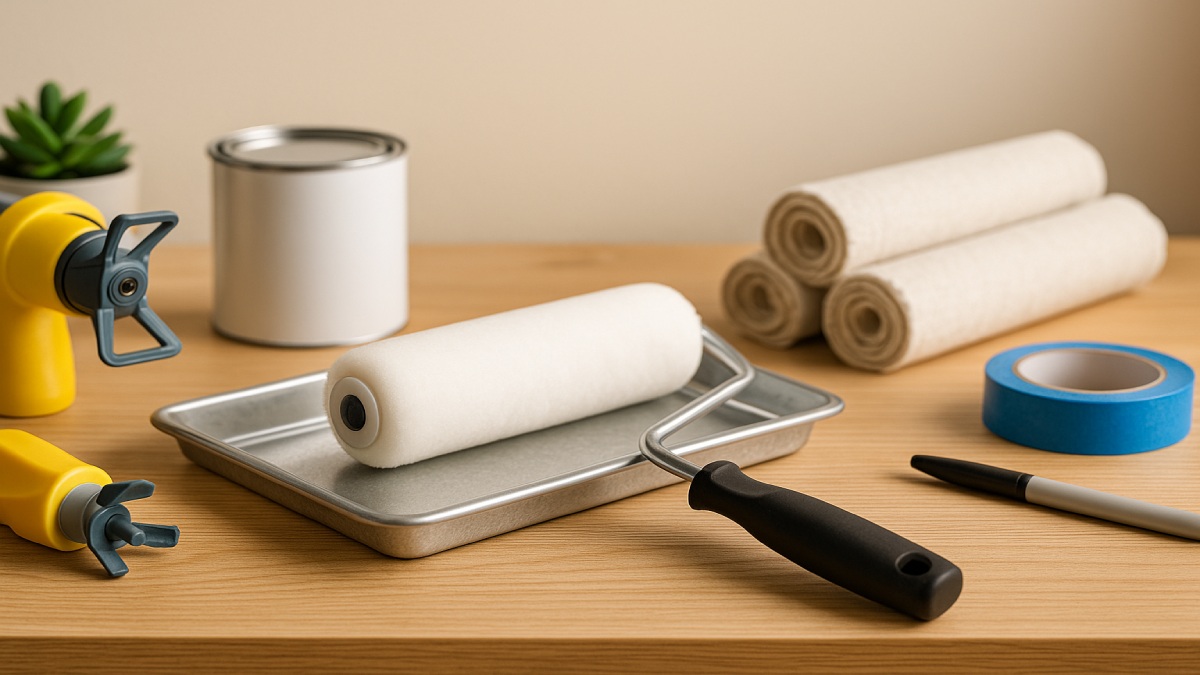 Painting tools including a roller and spray gun arranged on a work surface