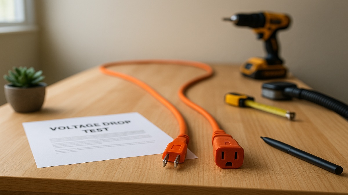 Voltage drop demonstration with a long extension cord and power tool.