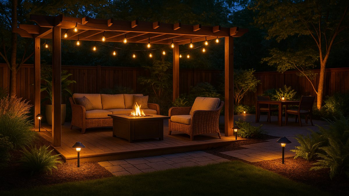 Evening patio with layered warm lighting across seating, pathways, plants, and a pergola.