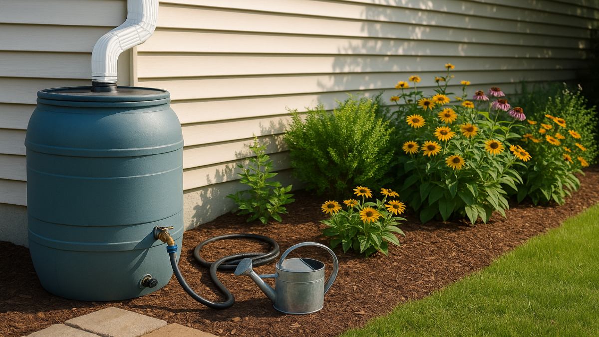 Rain barrel raised on pavers, connected to a downspout beside a mulched garden bed