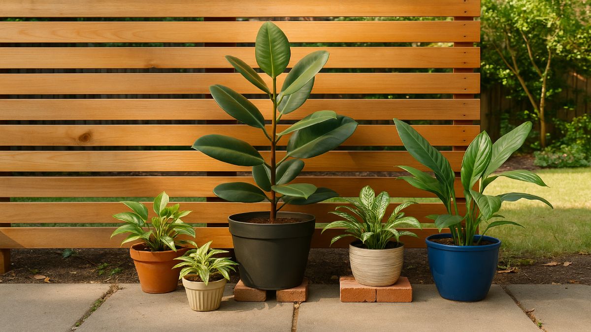 Houseplants arranged in bright shade near a fence with wind protection and risers under pots