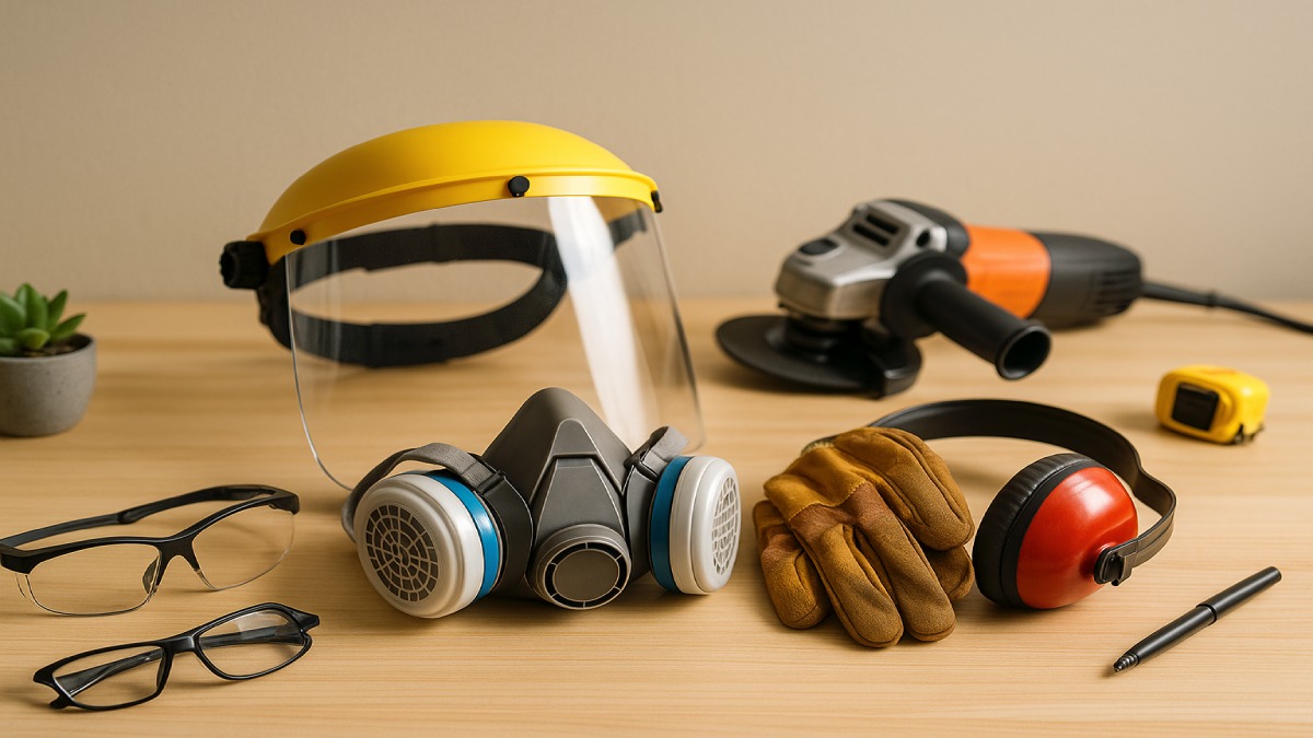 Safety gear including face shield, respirator, and gloves arranged on a workshop bench.