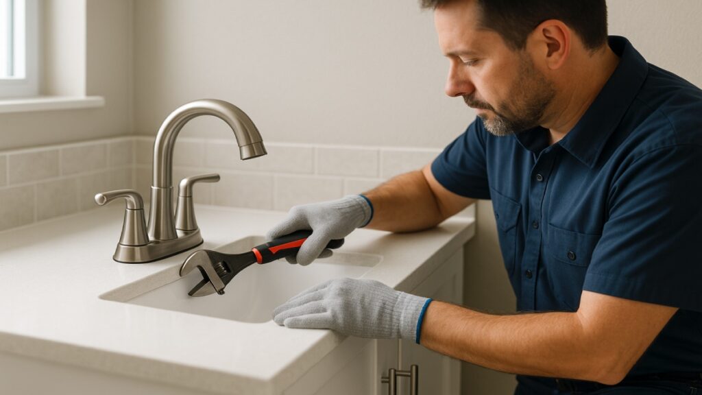 Contractor adjusting faucet installation during vanity top upgrade