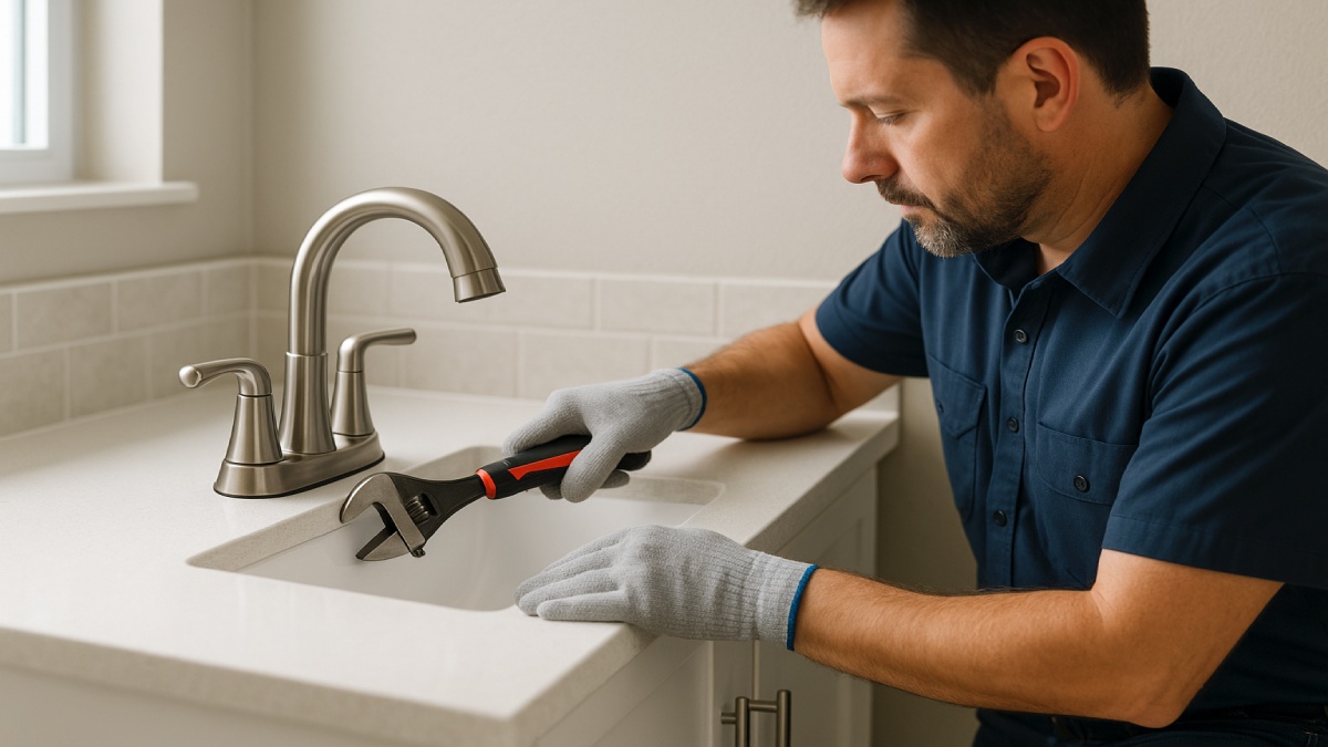 Contractor adjusting faucet installation during vanity top upgrade
