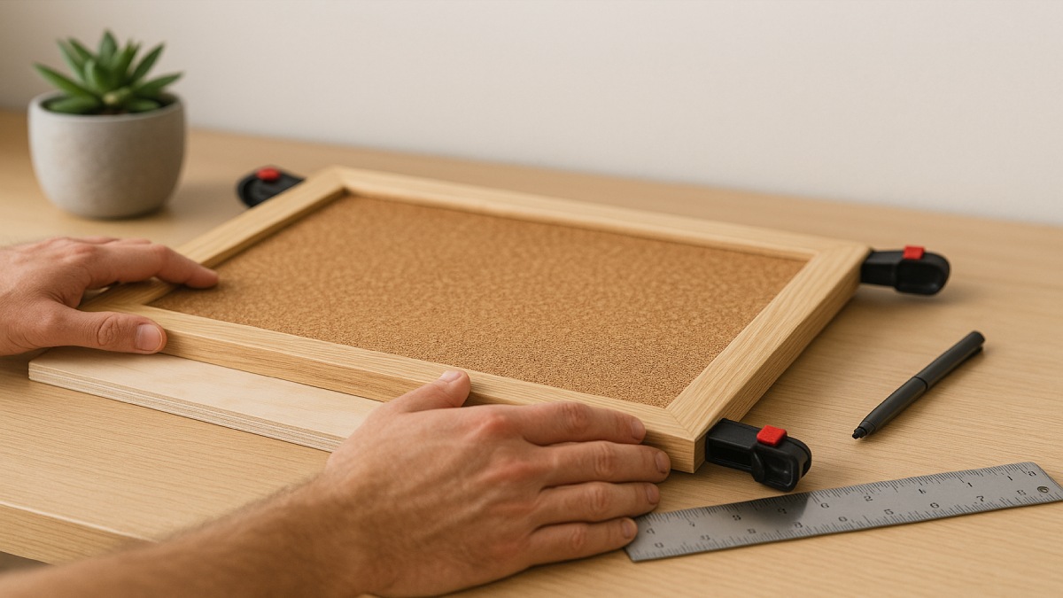 Close-up of framed corkboard being mounted securely on a home office wall