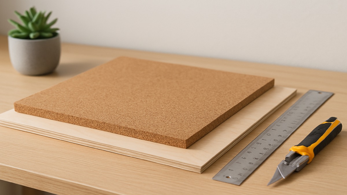 Close-up of cork sheet, backing board, and cutting tools arranged neatly on a workspace desk.