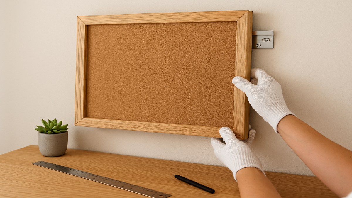 Completed framed corkboard organizer displayed above a home office desk