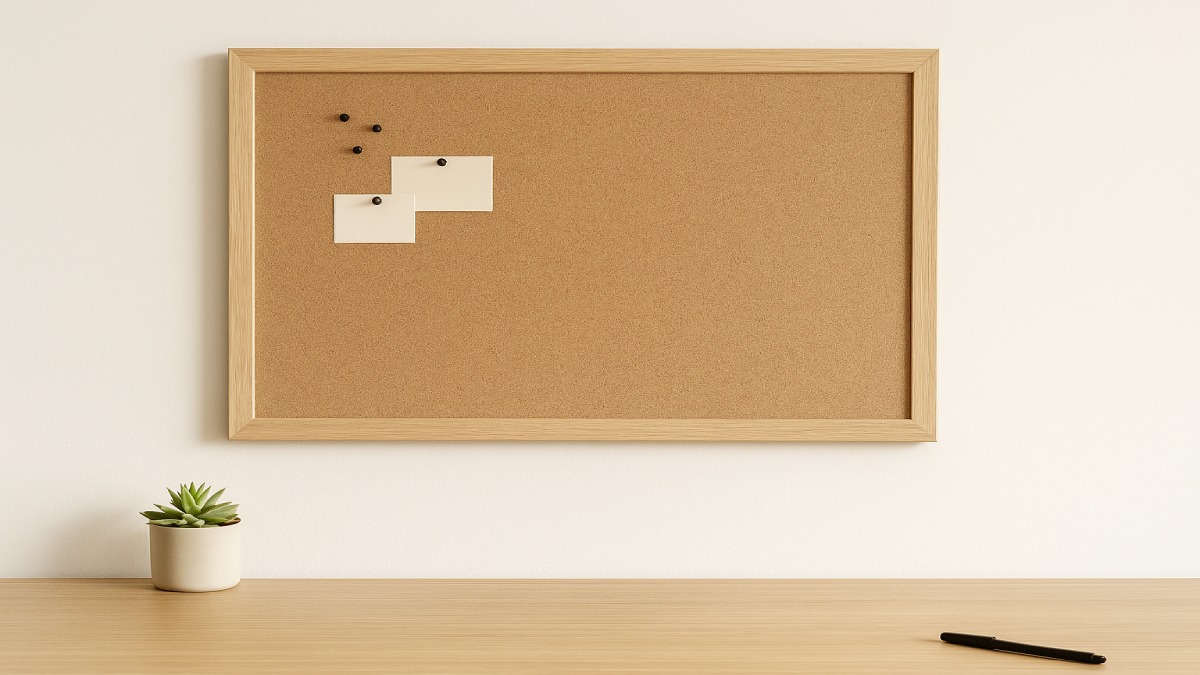 Modern workspace with framed corkboard organizer being prepared for assembly