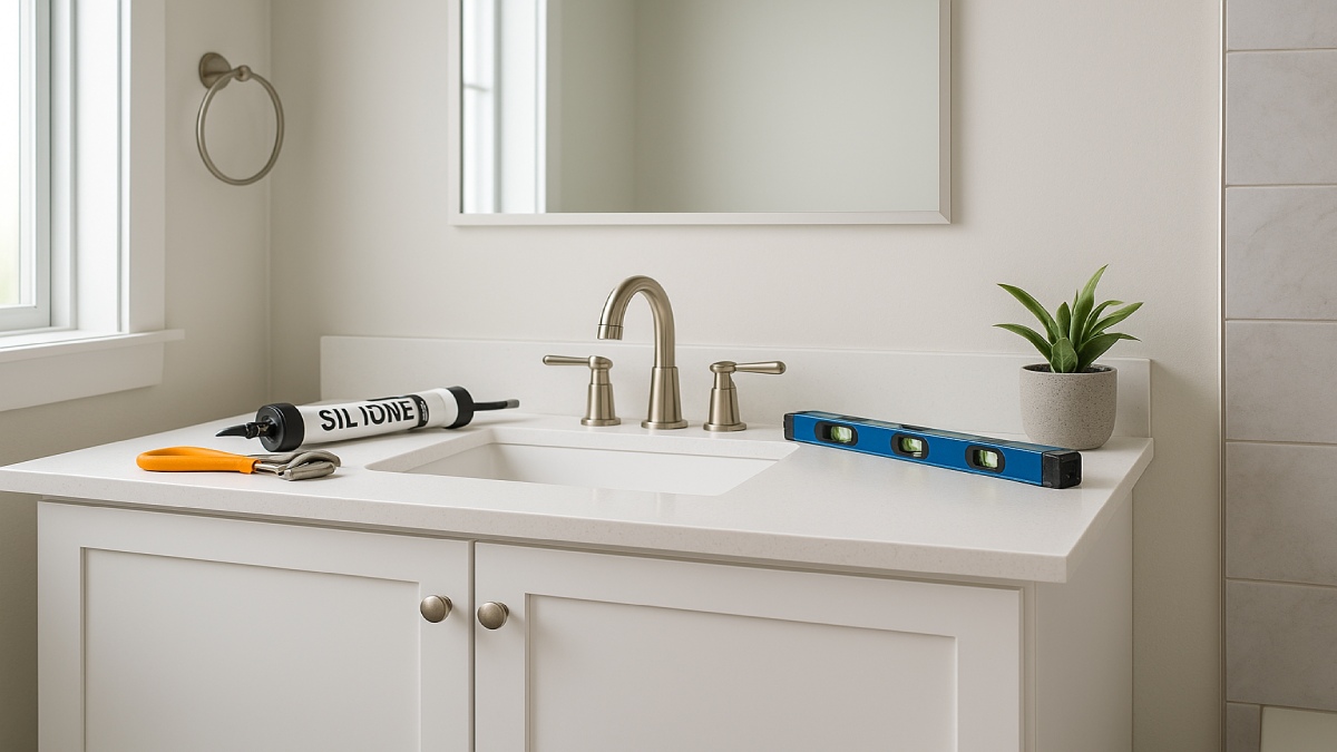 Modern bathroom vanity top with faucet installation tools ready